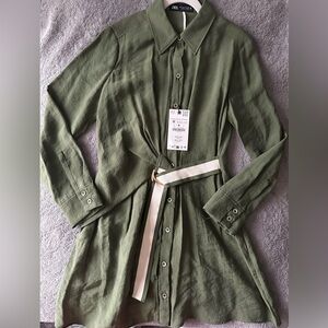 Zara NWT Never Worn L/S Belted Shirtdress Sz M Olive
